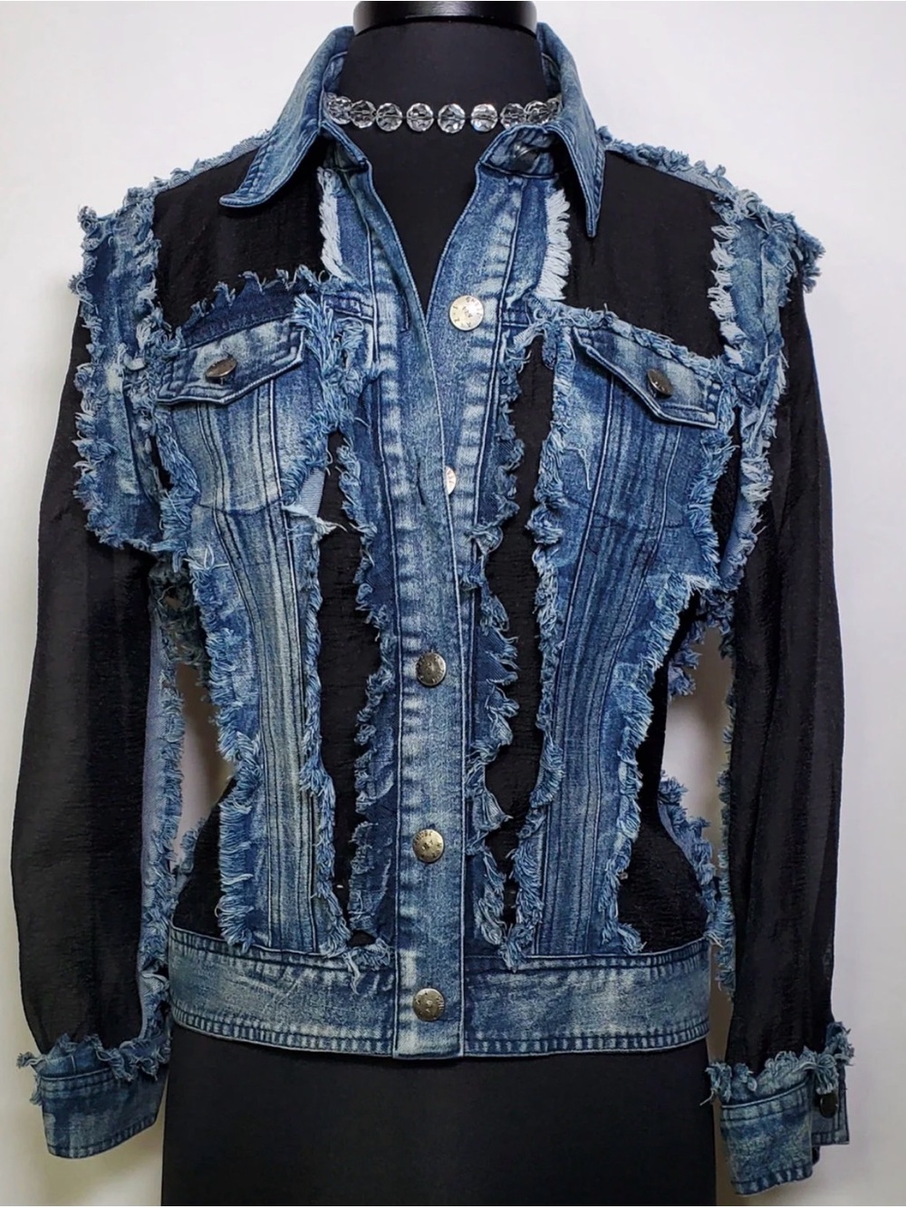 Azi New York Womens Lace Mesh Denim Jacket Light Wash size medium